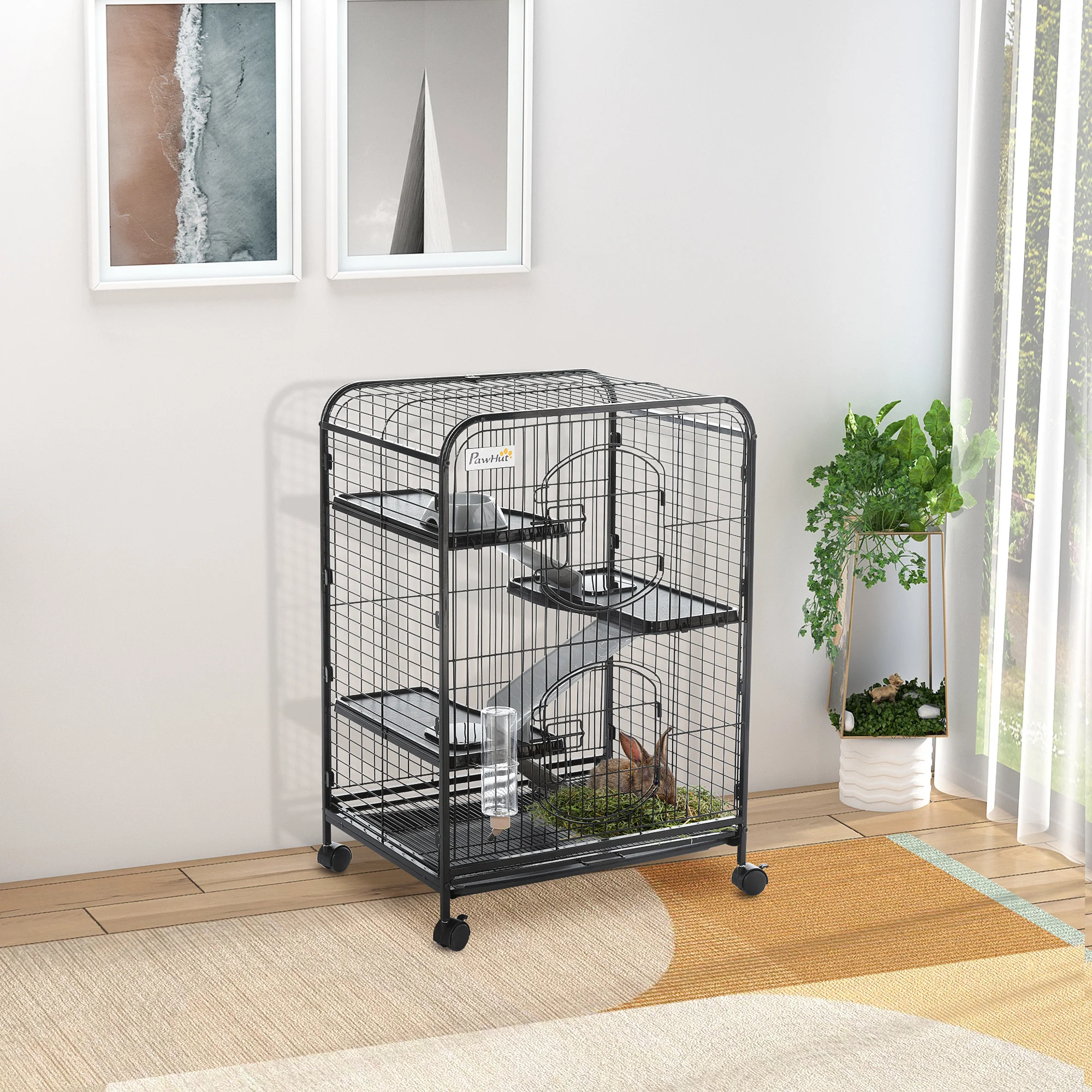 PawHut rodent cage with wheels 61,5x44,5x95 cm feeder removable tray