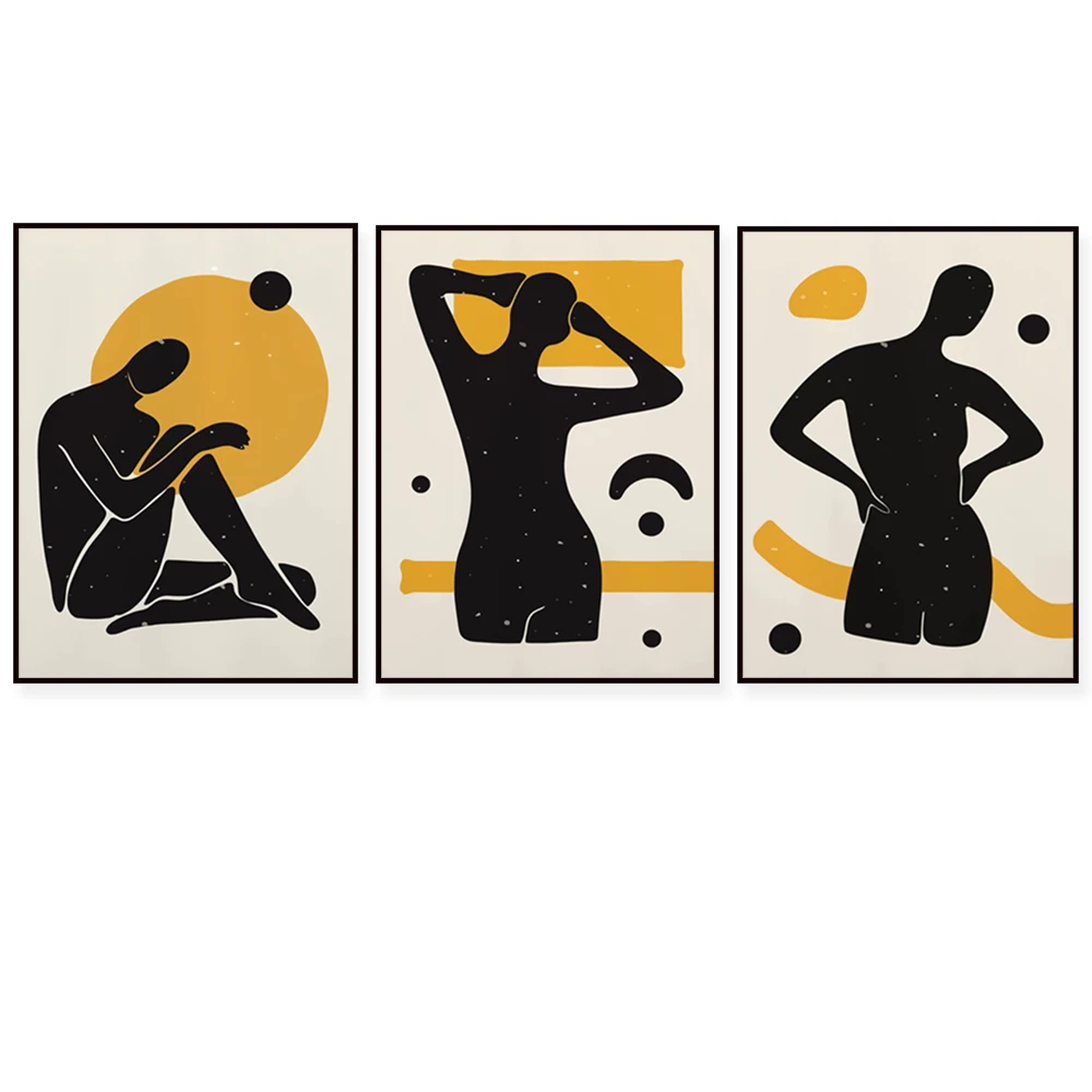 Inspired by Henri Matisse, mustard and black engravings, contemporary abstract wall art decorative poster by Henri Matisse