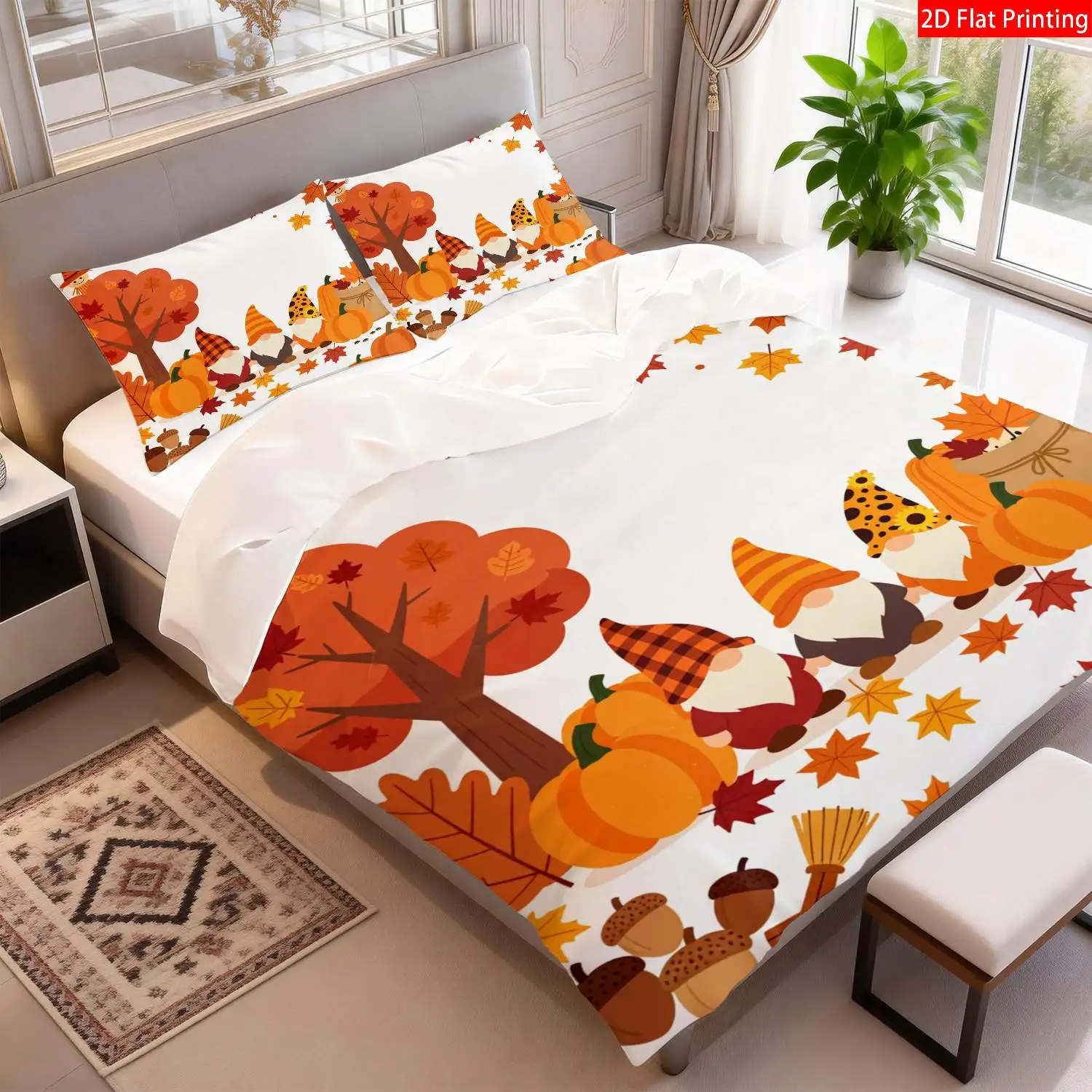 The Latest Printed Quilt Cover Set, 1 Quilt Cover + 2 Pillowcases (Without Filling) 2D Flat Christmas Thanksgiving Quilt Cover Set with Warm Autumn Theme, Orange Maple Leaf and Pumpkin Patch Pattern Bedroom Decoration (Suitable for All Seasons, Machine Washable, Invisible Zipper, Large Quilt Cover Set, Bedding Set Quilt Cover