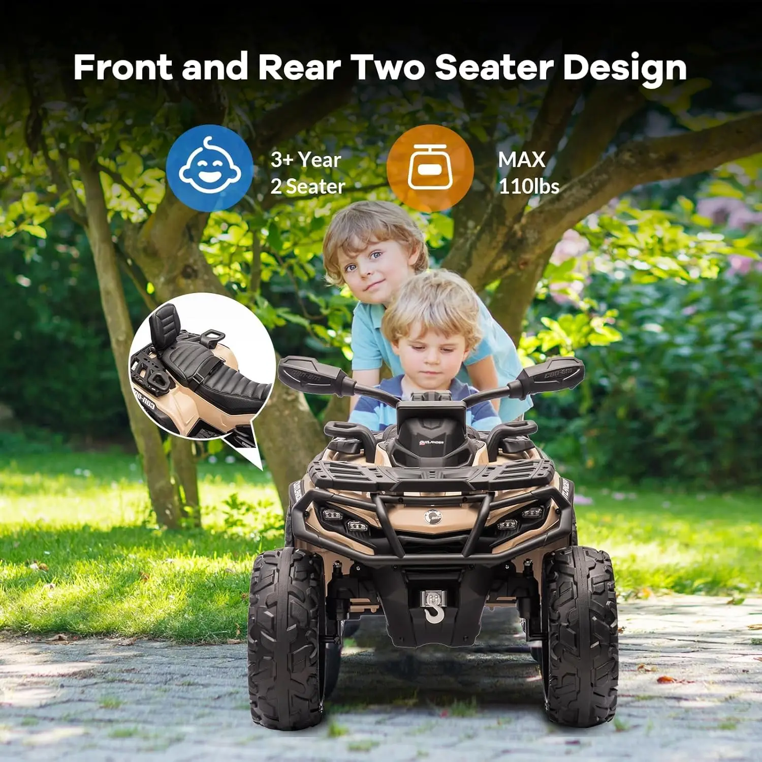 2 Seater Ride On ATV for Kids, 24V Four Wheeler Electric ATV Battery Powered with Leather Seat, Safety Belt Bluetooth 3 Speeds