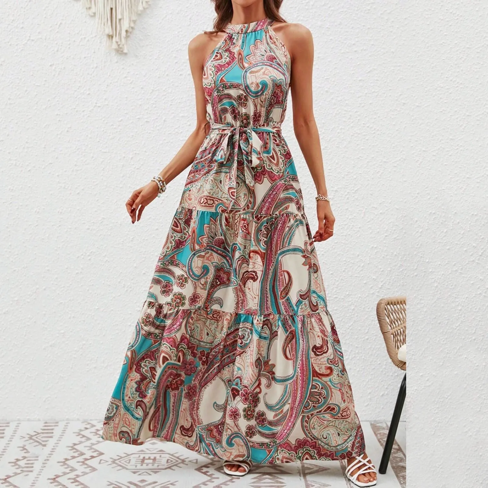 

Summer Long Dress Floral Printing Robe Casual Hanging Neck Off-shoulder Swing Dress 2024 Women's Large Summer Elegant Vestido