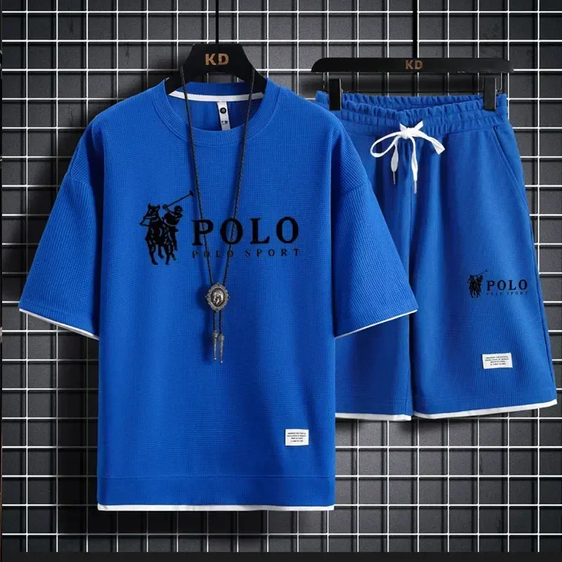 2026 Men's Summer Waffle 2 Piece Set Short Sleeve T-Shirt Sports Shorts Fashion Breathable Casual Tracksuit Gym Running Clothing view 6
