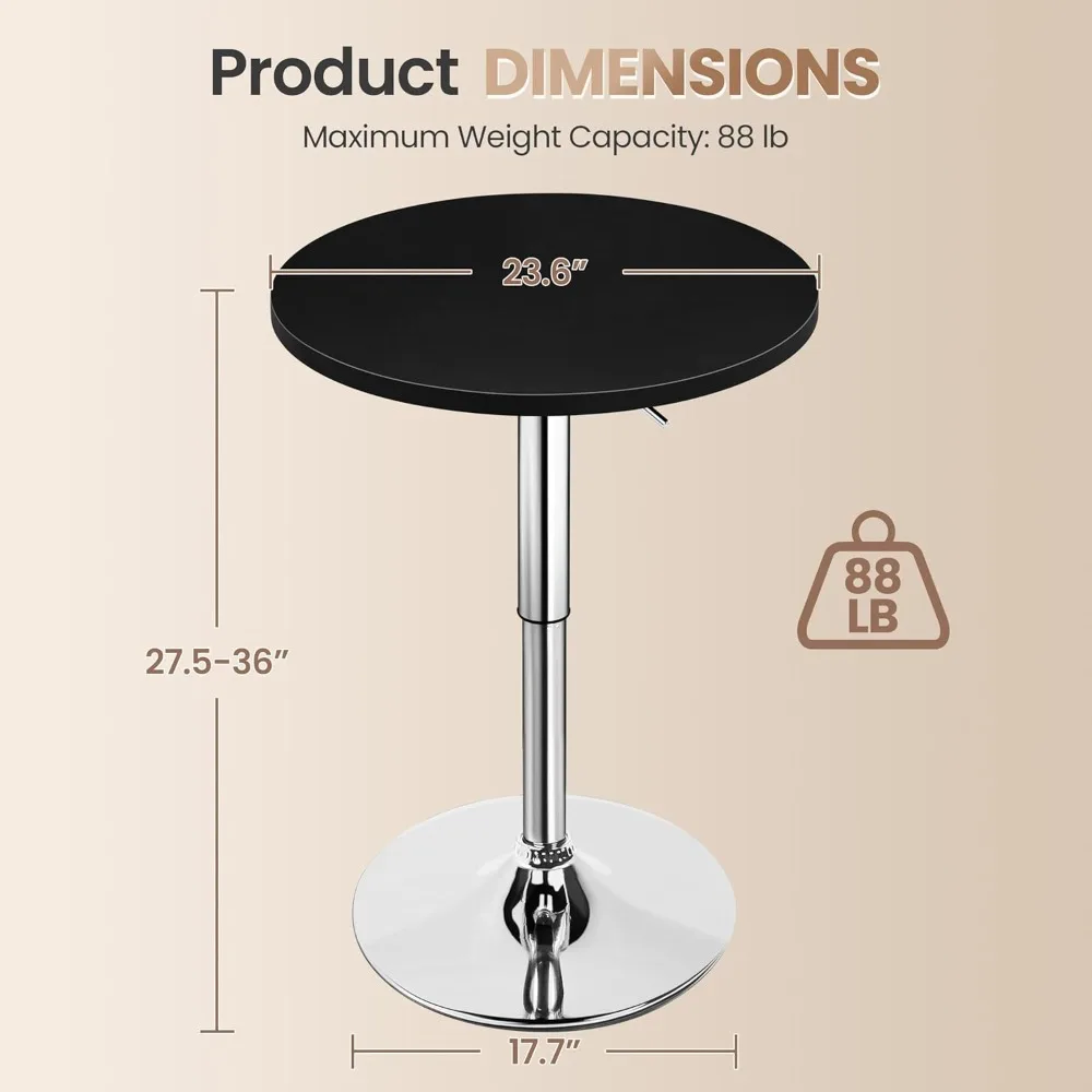 Round Bar Table, Height Adjustable, 360° Rotating, Medium-density Fiberboard Tabletop, Silver Legs and Base