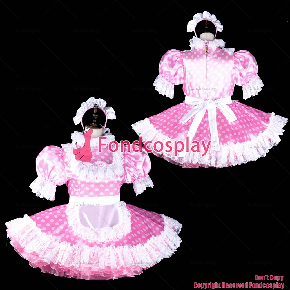 Fondcosplay adulto sexy vestido cruzado sissy maid bebé rosa puntos vestido de satén delantal blanco con cerradura uniforme CD/TV [G2318]