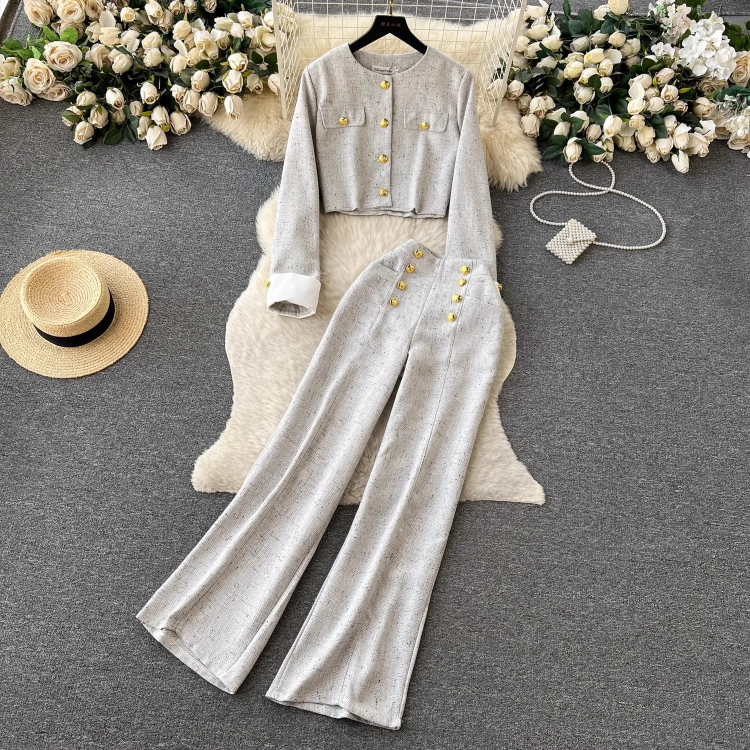 Grey women\'s tweed 2-pcs set long sleeved round neck jacket+high waisted pants new spring/autumn small fragrance style set