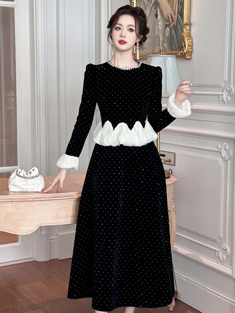 Ropa de mujer falso 2 piezas elegante de lujo de terciopelo negro de manga larga ajustado Vestido acampanado fiesta de noche Vestido de cumpleaños bata Casual