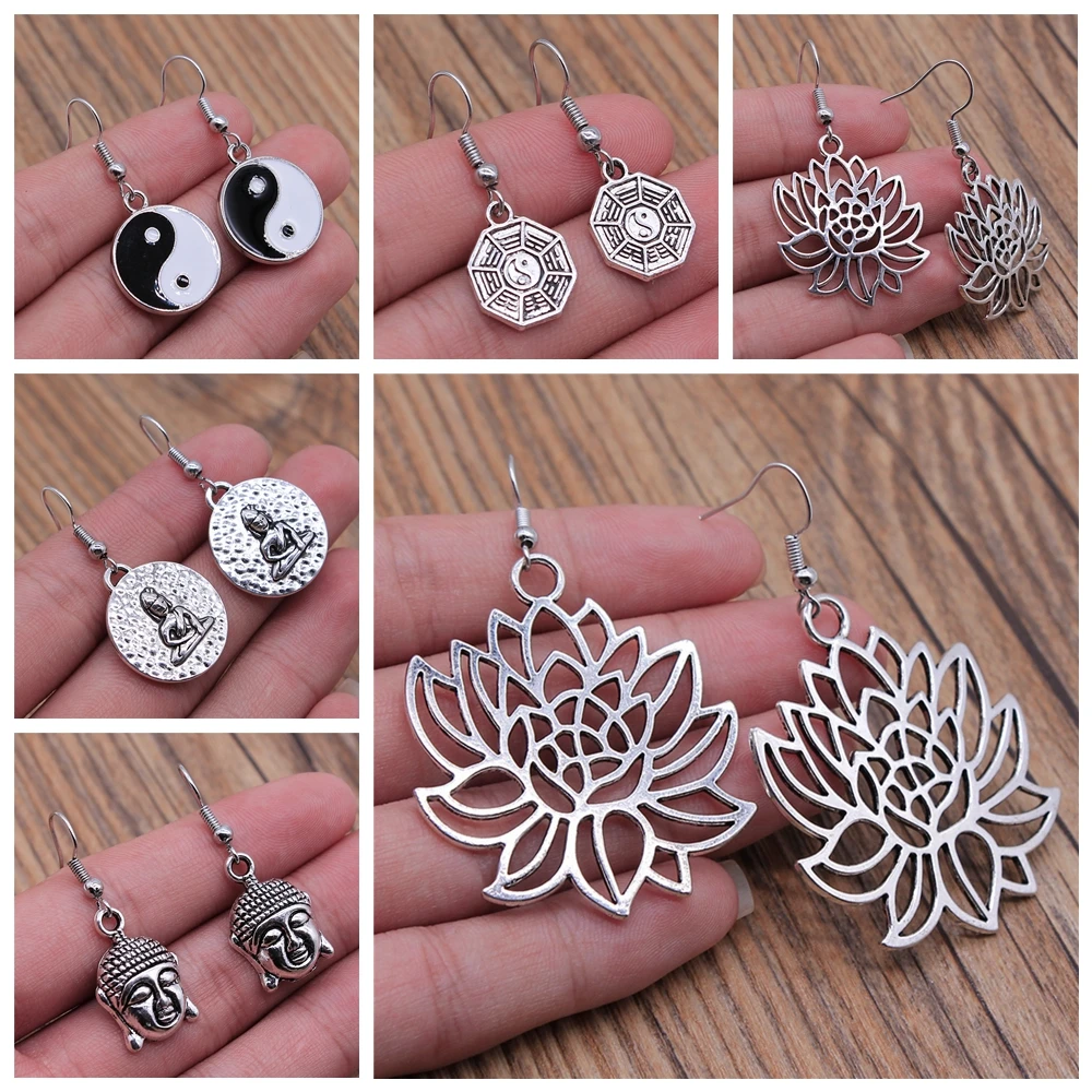 Vintage Religion Chinese Tai Chi Taoist Buddhism Buddha Lotus Dangle Earring Drop Earring For Women Girl Gift