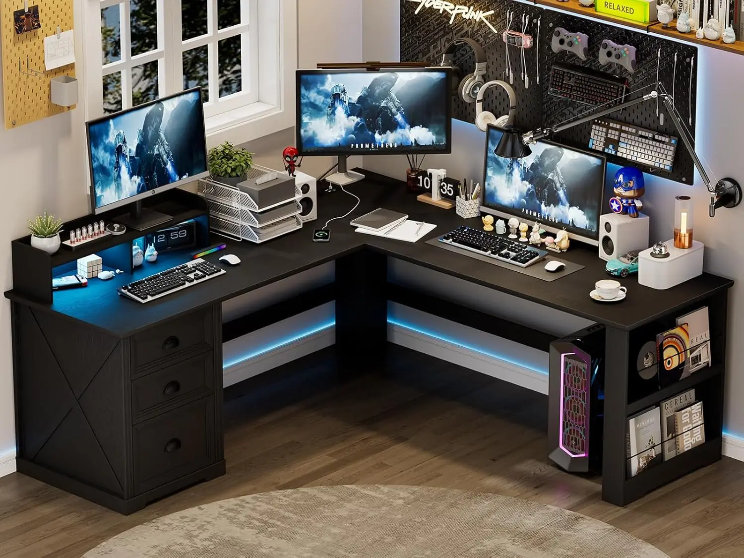 

L Shaped Desk Monitor Stand Power Outlets LED File Cabinet 59in Corner Gaming Office, Customized