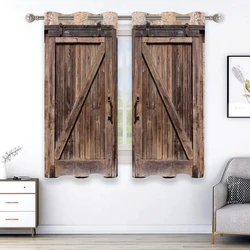 2pcs Rustic Wooden Door Pattern Curtain for Home Decoration - Perfect for Bathroom, Living Room, and Bedroom Windows