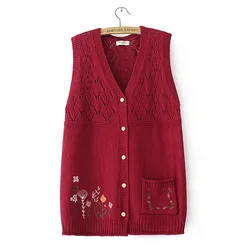 Embroidered Floral Knitted Cardigan Women Plus Size Jacket Autumn Casual Clothing Fashion V-Neck Hollow Out Sweater Vest E2 3021