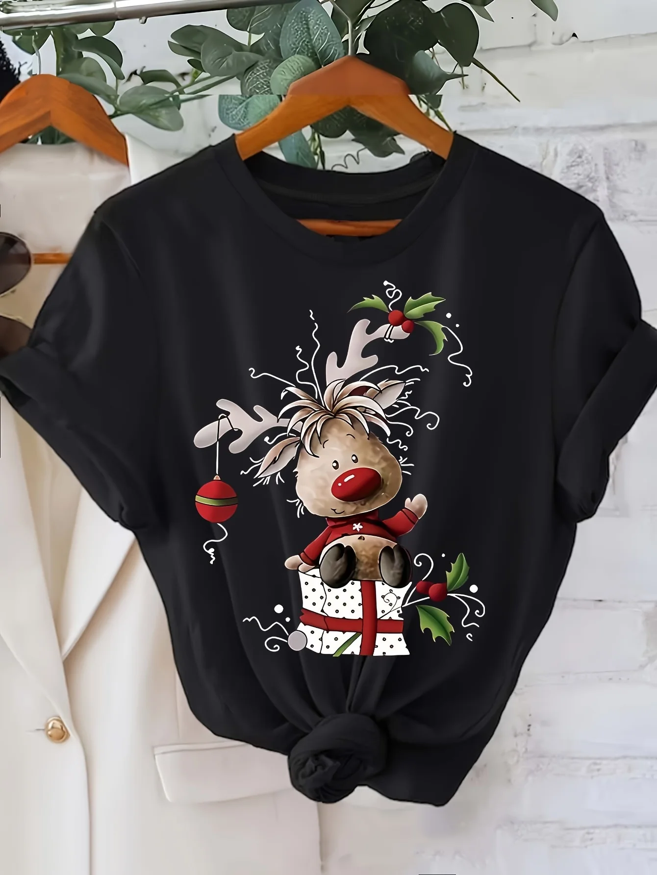 Women's Festive Christmas Reindeer Graphic Tee - Casual Crew Neck, Short Sleeve, Polyester Blend, Machine Washable