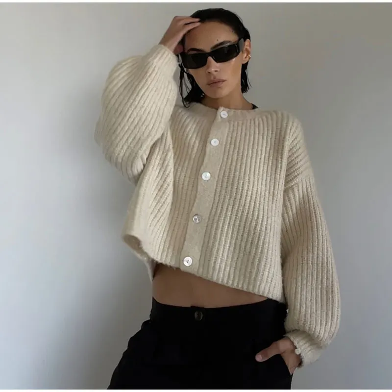Retro Plush Single Breasted Cardigan Women Elegant Loose Solid O-neck Short Sweaters Female Winter Autumn Chic Street Knitwear