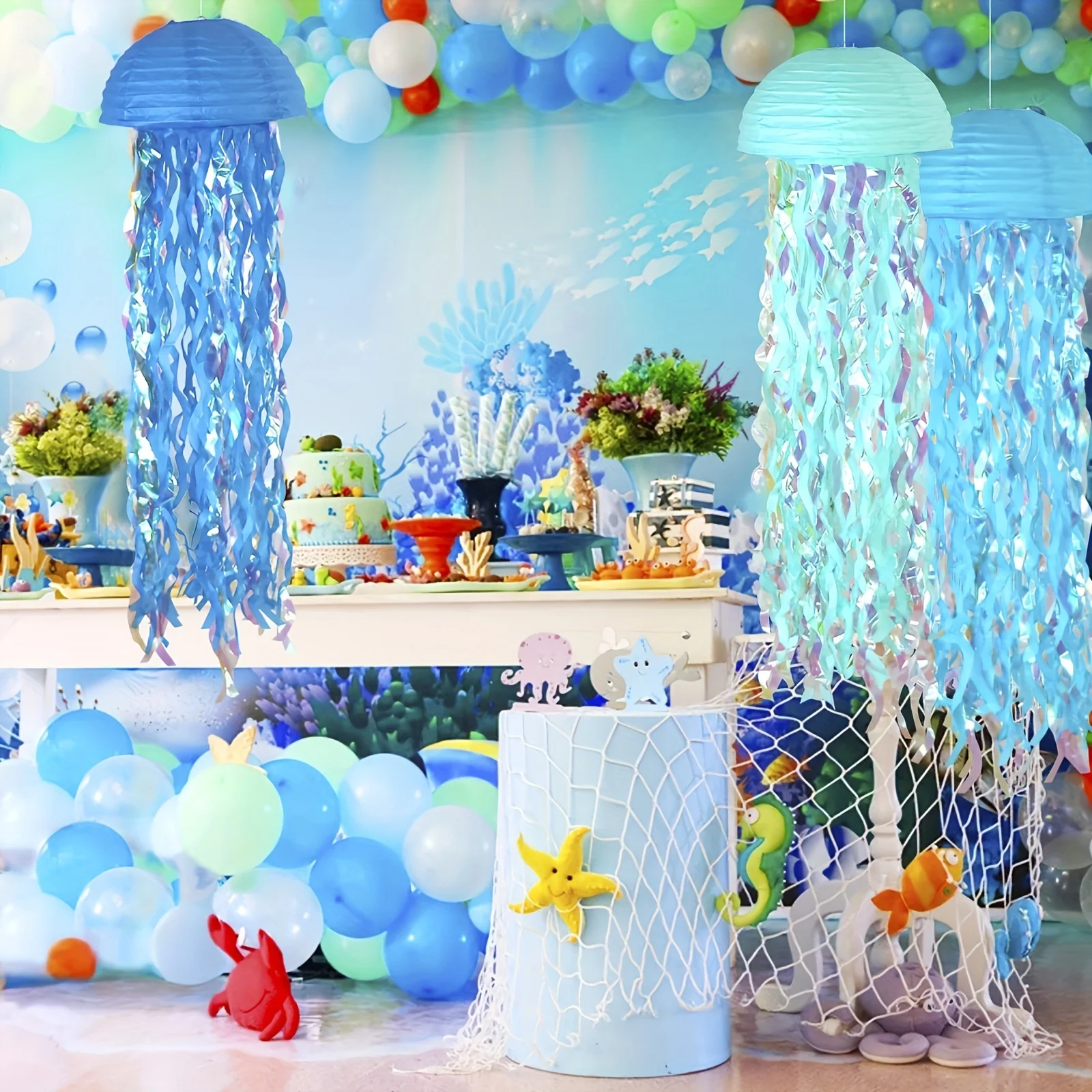 5/10 PCS Colorful Jellyfish Paper Lanterns, Theme Party Underwater Ocean Jellyfish Birthday Decoration view 4