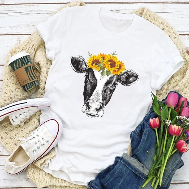 Women Graphic Heifer Cow Sunflower Printed Cute Summer T-Shirt Tops Lady Womens Clothing Vacation Tee Wear T Shirt Aesthetic