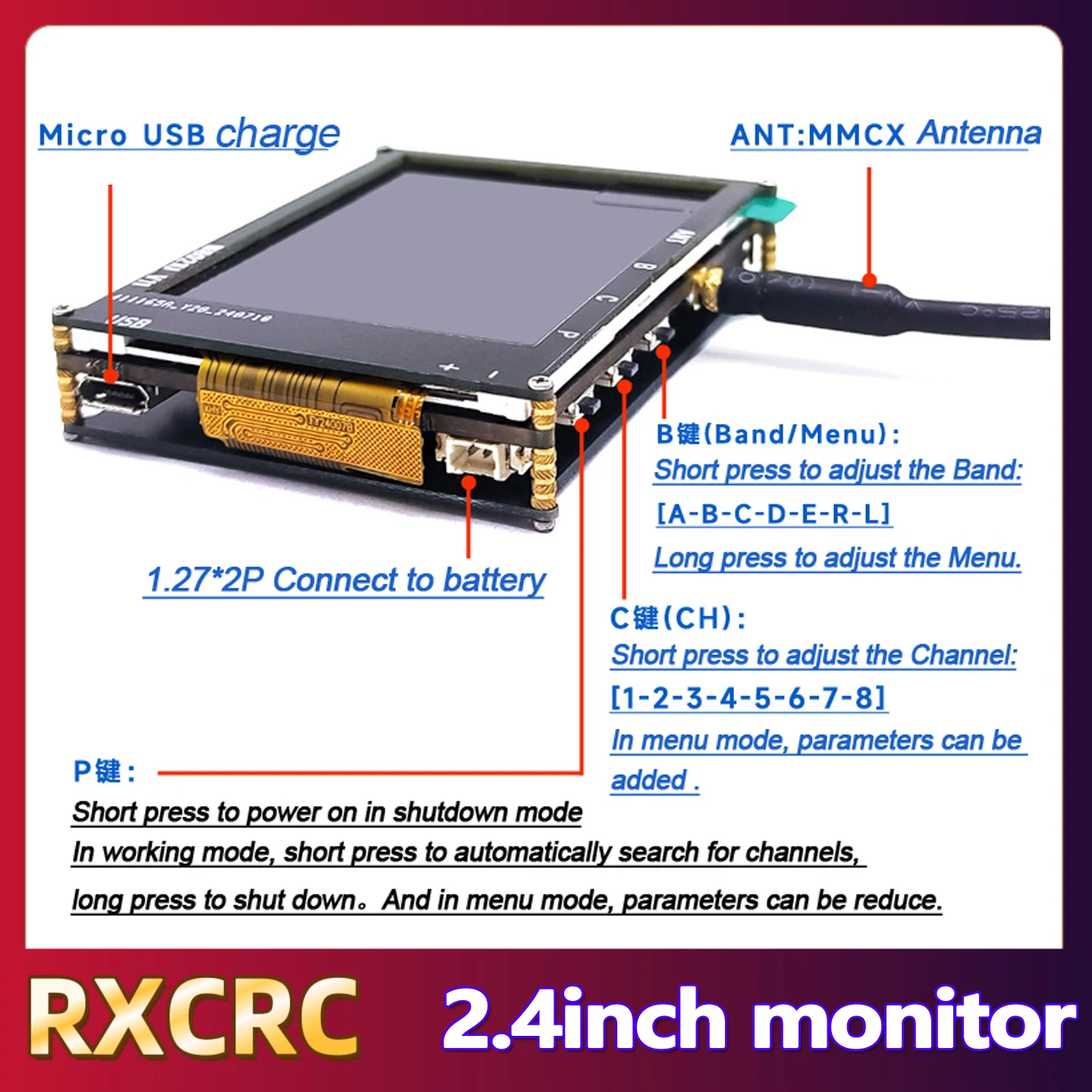 

RXCRC 5,8G 56-канальный 2,4-дюймовый носимый DIY-экран приема дисплея FPV подходит для многороторных самолетов FPV с дистанционным управлением