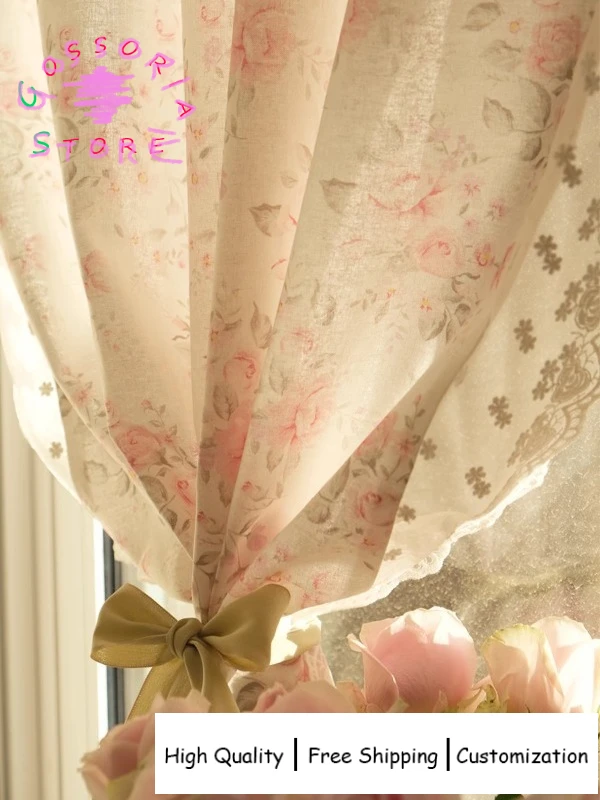 

Sample Custom Rose Dew French Lace Curtains for Living Room Retro Romantic Printed Translucent Half Curtain Drapes Decor