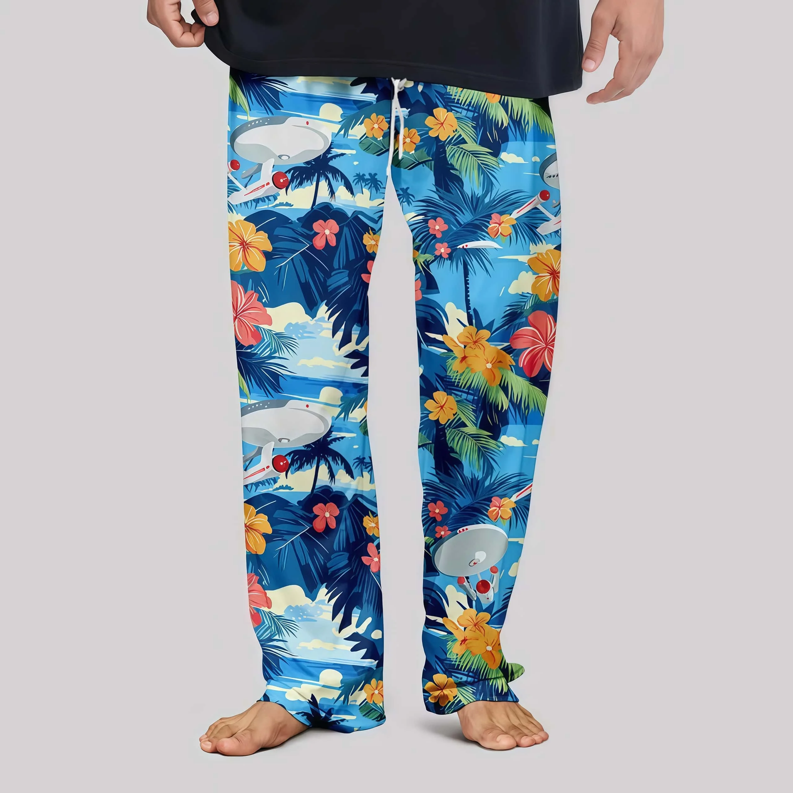 Unisex Hawaiian Beach Pants with Tropical Floral Palm Tree Print, Wide Leg Drawstring Pants, Sci-fi Space Vacation Casual Pants
