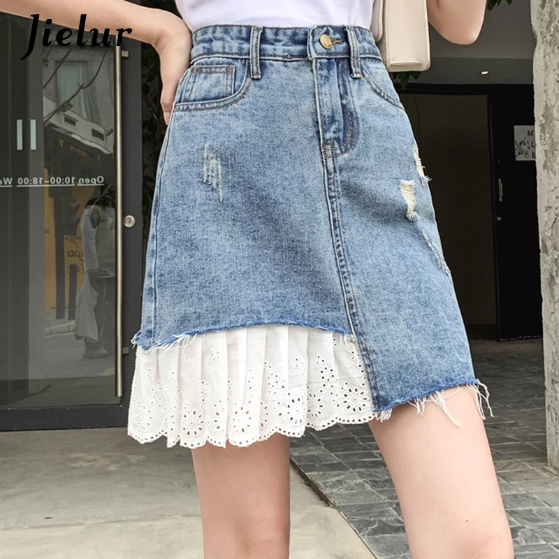 New Blue Ripped Denim Skirts Women Summer Denim Patchwork Mesh High Waist Skirt Jean A-line Skirt Girls Short Faldas