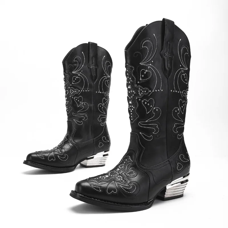

Women's Fad Embroidery Cowboy Boots Women Thick Heel Retro Pointed Knight Boot Mid European and American Length Boot Botas Mujer