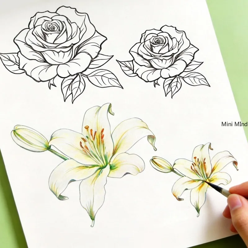A Beginner's Colorful Lead Flower Line Drawing Exercise Book, Include Roses, Tulips, Lotus Flowers, Sunflowers, Suitable As Gift
