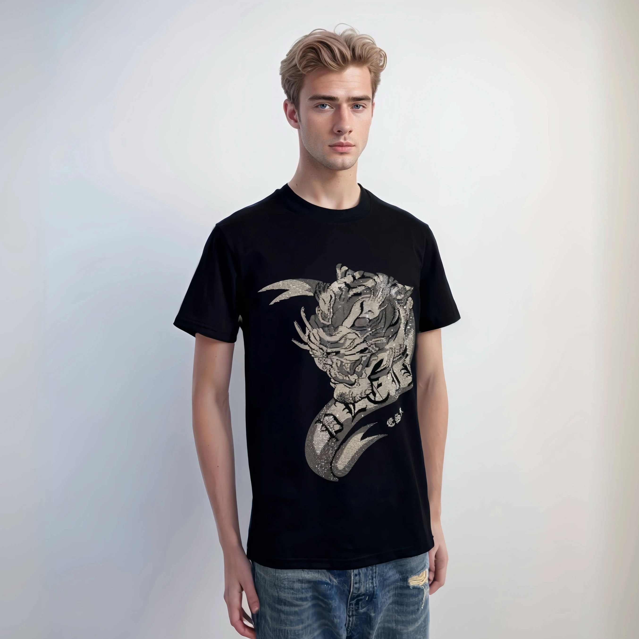 ALEX PLEIN Tiger Rhinestone T-Shirt | Metal Leather Patch & Organic Cotton |2025 Summer Anti Shrink Luxury Streetwear
