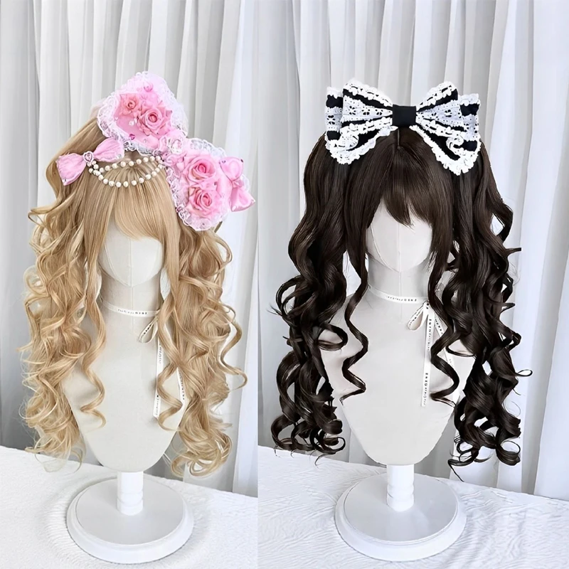 Synthetic Cosplay Women Wigs with Hair Bangs 20inch Black Blonde Wig with Double Wavy Curly Ponytail for Women Daily Cosplay Use