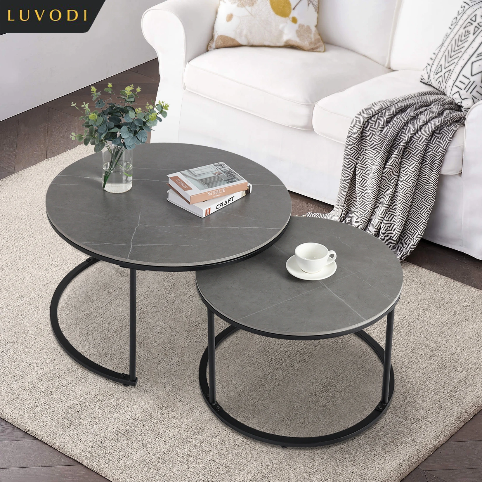 LUVODI Set of 2 Round Nesting Coffee Table Sintered Stone Stacking Marble Side End Table Accent Table for Living Room Apartment