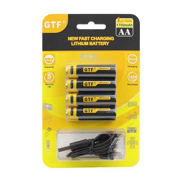 GTF NEW USB 1.5V Type-C Charging AA battery 1700mah 2550 mWh Lithium ion Battery 4 in 1 USB Type C Cable LED Charging