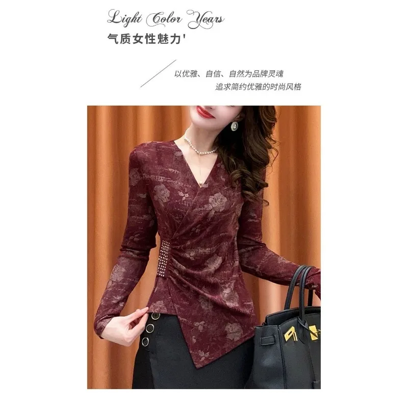 New French Mesh Top Slim Long Sleeves Printed Design Elegant V-neck T-shirt Fashionable Autumn Bottoming Shirt
