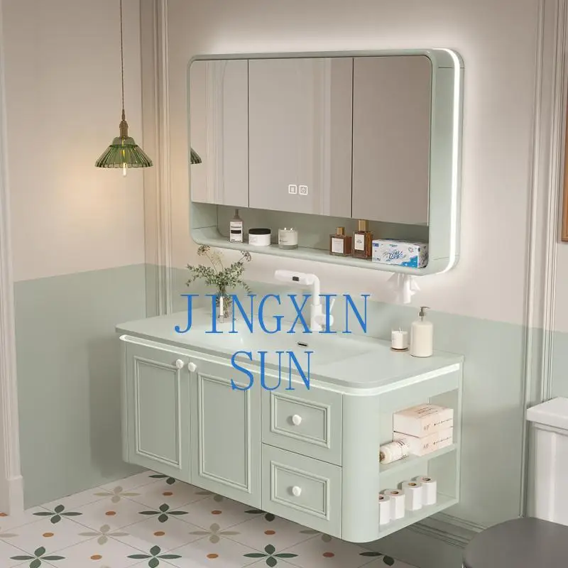 Oak bathroom cabinet arc with side cabinet ceramic integrated basin green  hand washing cabinet combination toilet face washing