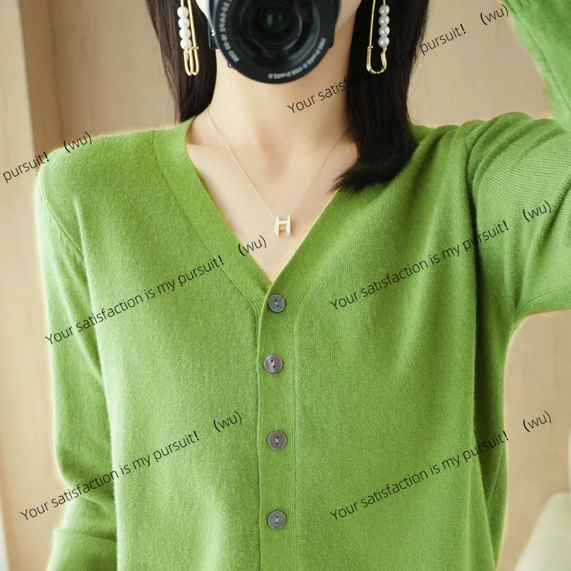 Jaket kardigan rajutan, kemeja dalaman, sweater lengan panjang V-neck, musim semi dan gugur, versi Korea untuk wanita