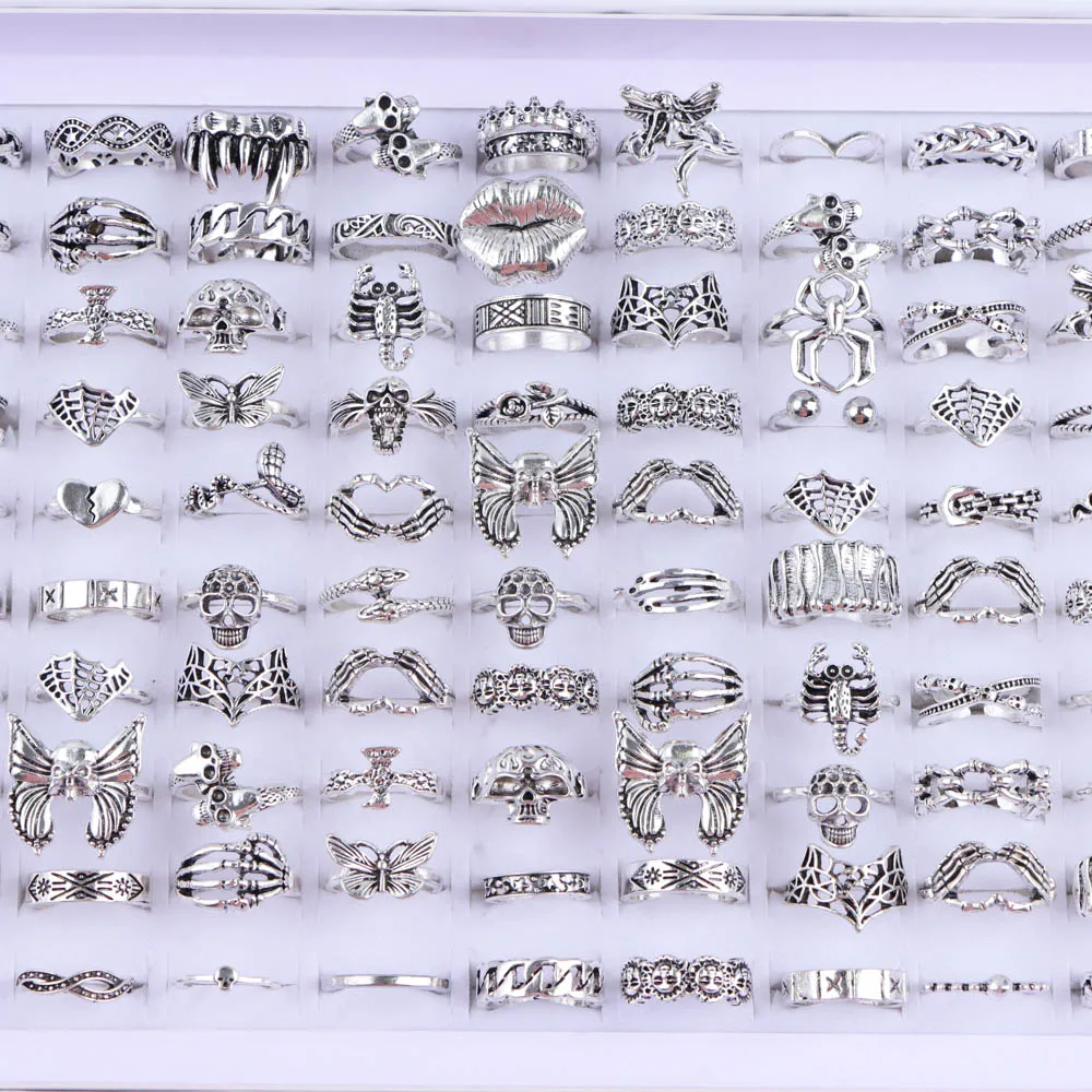 10/20/30/50Pcs/Lot Punk Finger Ring Set For Men Women Mix Style Flower Tai Ji Heart Love Snake Jewelry Party Gifts image 2