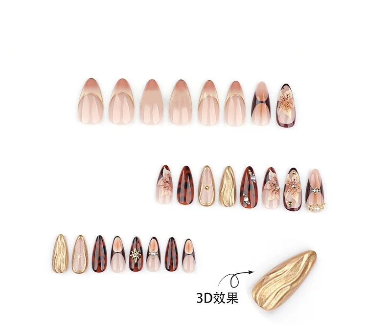 24 قطعة زهرة الزنبق الجليدي البني اضغط على الأظافر Y2K طويلة اللوز على شكل الأظافر وهمية رسمت باليد تنقش DIY بها بنفسك زنبق الأزهار مستلزمات الأظافر