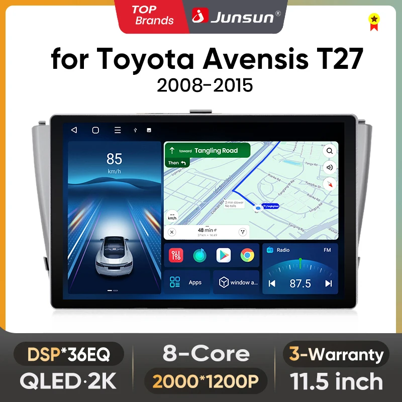 Junsun 11,5-calowe radio samochodowe QLED Android z bezprzewodowym CarPlay i Auto Car Radio do Toyota Avensis T27 2008-2015, inteligentne systemy DSP SWC RDS