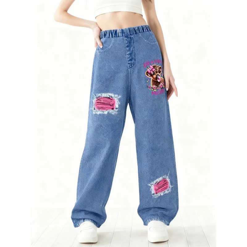 

2025 Girls Y2K Casual Fashion Style Cartoon Deer Print - High Waist Elastic Loose Wide Leg Imitation Jeans