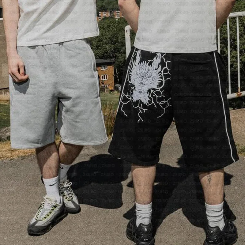 Hiphop Harajuku Retro Dragon Head Ricamo a strisce Casual Allentato Abbigliamento da uomo Punk Moda Streetwear Wom High Street Short