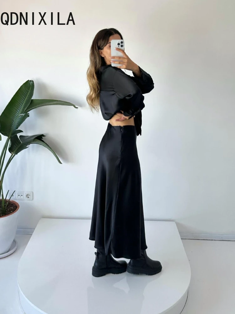 Oversized Women Skirt Sets Long Sleeve Shirts and Maxi Stain Skirts Sets for Women 2 Pieces Spring New Summer Satin Finish Suits