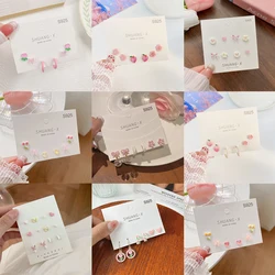 Pink Ceramic Ears Stud Earrings Set Korean Style Heart Flower for Women Colorful Earring for Girls Cute Elegant Party Jewelry