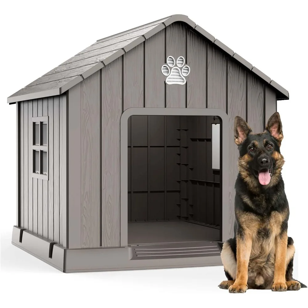 Casa para perros al aire libre interior, perrera para perros, refugio de resina resistente a la intemperie con rejillas de ventilación y suelo elevado para perros pequeños, medianos y grandes, EAS