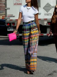 UOOZEE Women Oversized High Waist Wide Leg Pants 2025 New Fashion Checkerboard Printed Casual High Street Trousers Bottoms