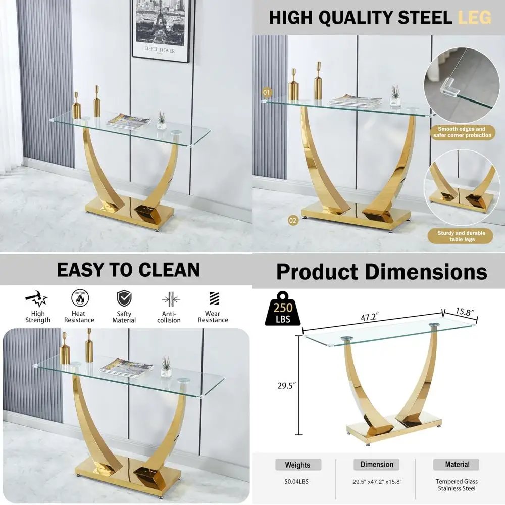 Modern Clear Glass Console Table 47 Long, Narrow Sofa Table for Entryway, Accent Desk with Geometric Silver Design