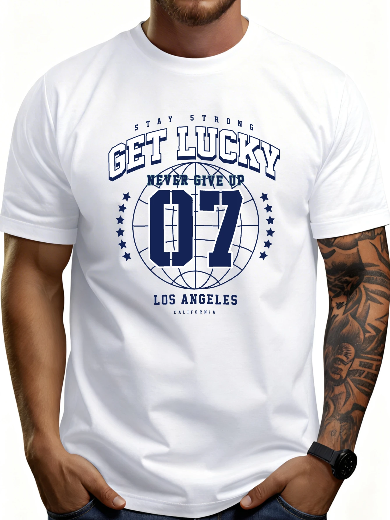 Casual Street Style Men's T-Shirt, Featuring a Los Angeles California Lucky Number 07 Design, Suitable for Spring and Summer Wear, Can Be Used as a Gift for Friends and Family.