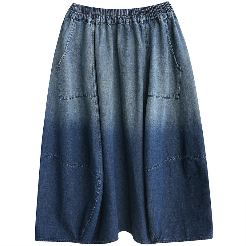 Jupe mi-longue en Denim pour femmes, grande taille, couleur adient, boutons, amincissante, longueur aux genoux, jupe trapèze polyvalente, printemps