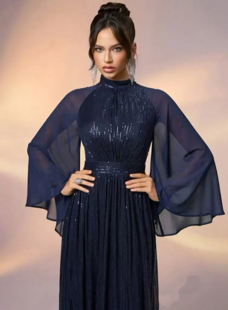 Elegant Women's Chiffon Paneled Sequin Evening Dress for Weddings & Parties - Round Neck, Flared Cuffs