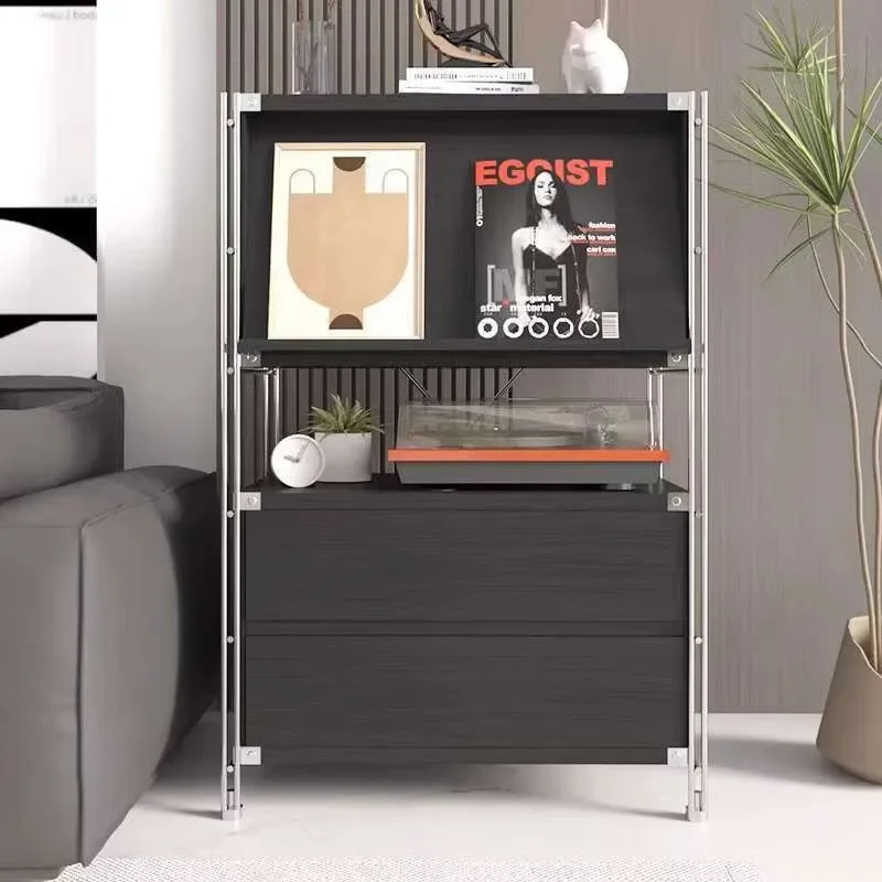 Japanese-style black simple sliding door magazine floor-to-ceiling storage bookshelf