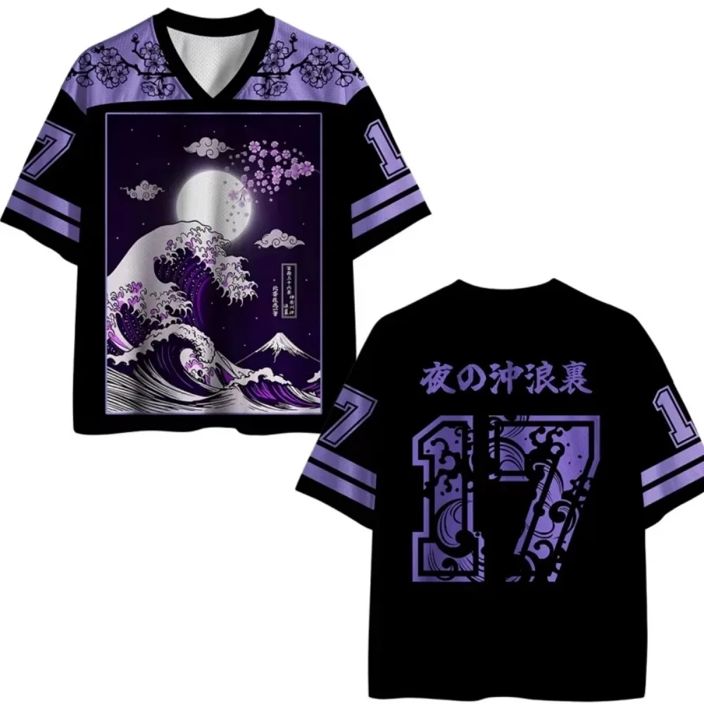 T-shirt japonais Harajuku Wave Cherry Blossom imprimé en 3D, respirant, à séchage rapide, col en v pour hommes, vêtements décontractés à la mode pour l'extérieur, vêtements Parent-enfant