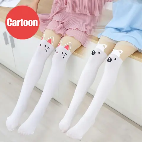 봄 가을 따뜻한 어린이 베이비 키즈 스타킹 인쇄 만화 동물 곰 팬티 스타킹 고양이 카와이 무릎 문신 학생 소녀 스타킹