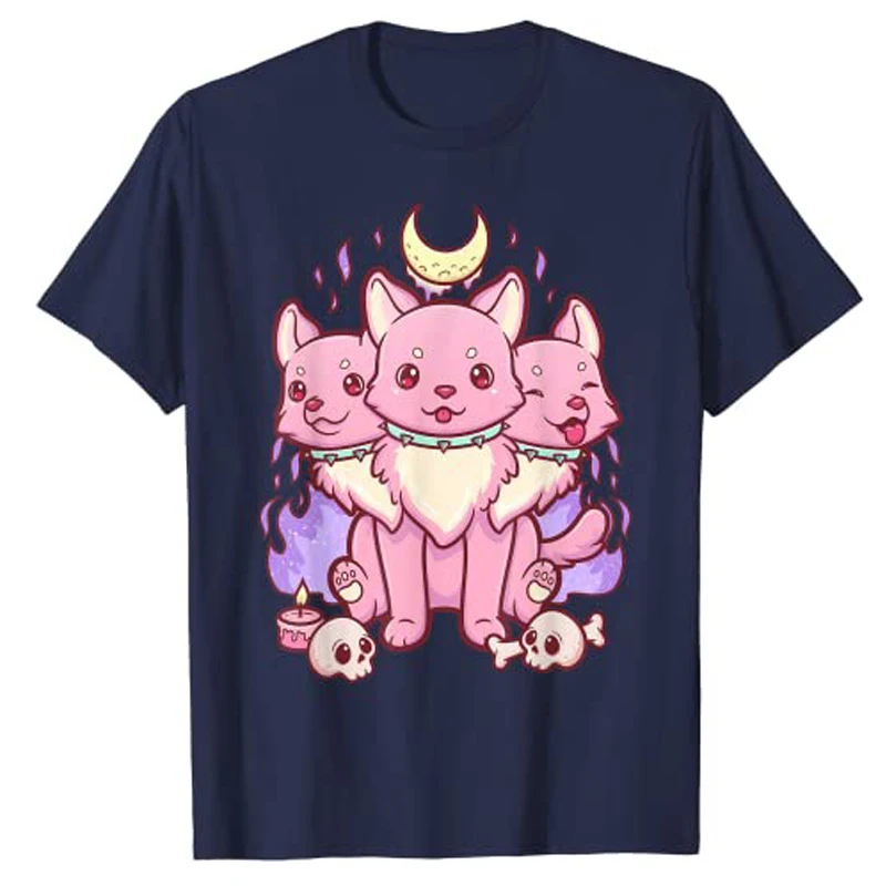 Camiseta de dibujos animados de gato y Calavera, ropa de perro de 3 cabezas, serpiente, rosas, serpiente, Creepy, Kawaii, gótico, Pastel