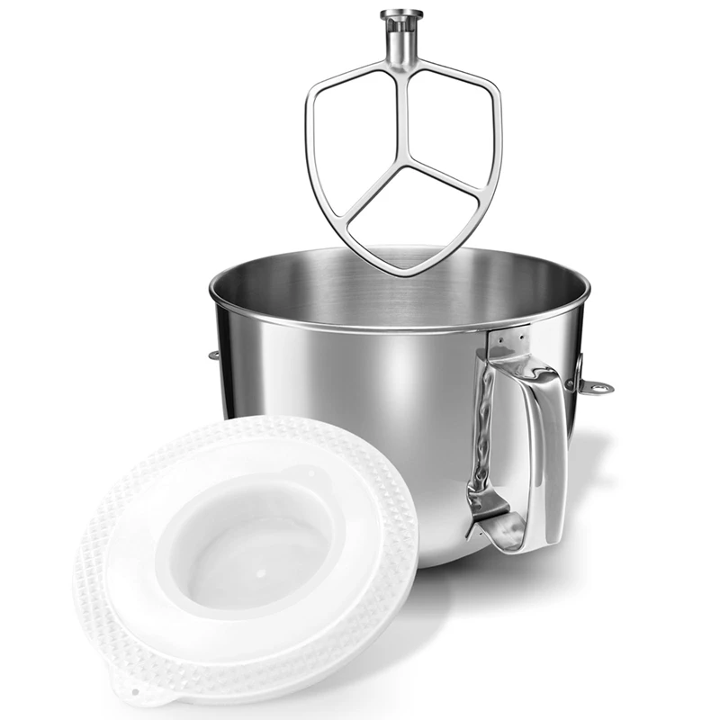 AU-6QT Stainless Steel Mixer Bowl With Bowl Lid Covers & Beater Paddle Attachment Replacement For Kitchenaid Stand Mixer