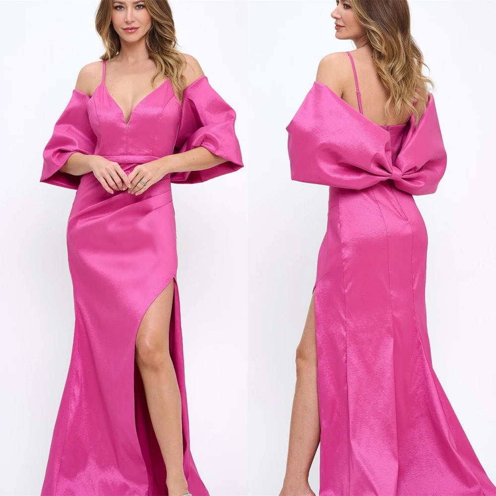 Vestido de noche personalizado con cuello en V, sirena de satén con abertura lateral, vestidos de fiesta con lazo a la moda, vestidos para ocasiones especiales con temperamento